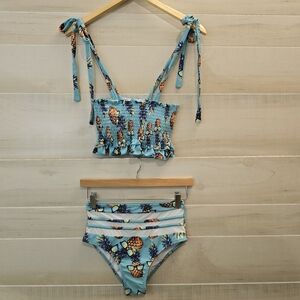 {S} Pineapple With Sunglasses Bikini Smocked Top Teal